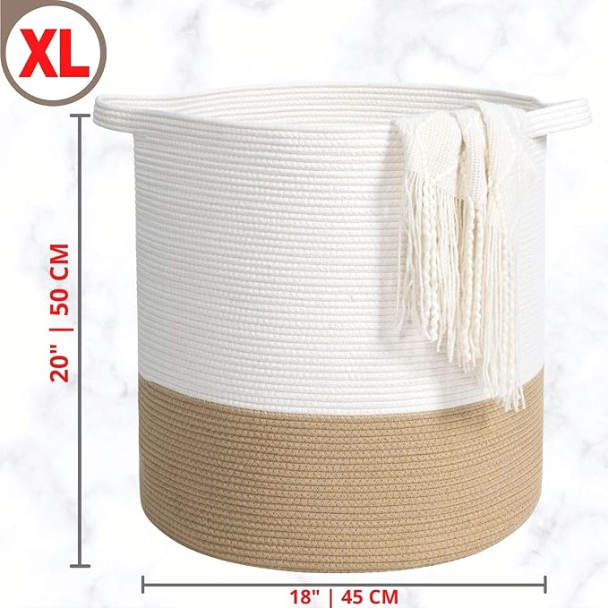 MINTWOOD Design 83L Extra Large 20x18in Decorative Woven Cotton Rope Blanket Basket with Handles, Tall Laundry Hamper for Living Room, Round Storage for Pillows, Towels, Shoes, Beige