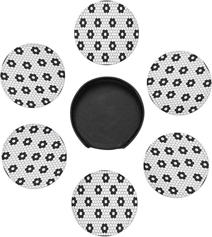 6 Pcs Black White Flower Hex Tile Print Floor Leather Coasters