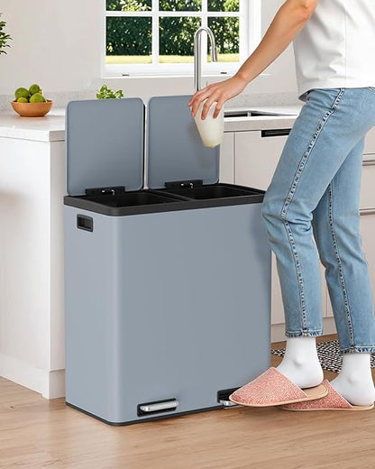 Arlopu 16 GallonStainless Steel Trash Can, 60L Dual Compartment, Metal Kitchen Step Recycle Bin, Metal Double Dustbin, in-Home Garbage Rubbish Can W/Removable Liner Buckets (Haze Blue)
