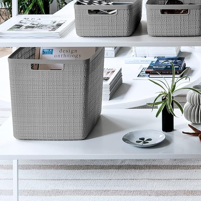 Curver Set of 4 Jute Large Cube Decorative Plastic Organization and Storage Baskets, Perfect Bins for Home Office, Closet Shelves, Kitchen Pantry and All Bedroom Essentials, Grey
