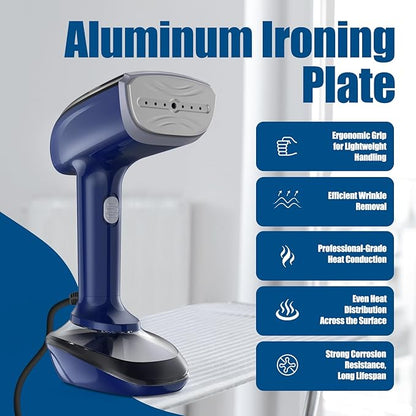 Powerful Handheld Fabric Steamer - 1800W with Fast Ceramic Heat-Up Plate, 2-in-1 Ironing & Wrinkle Remover, Steam Nozzle, Lint Brush - Blue, for US 120V Only