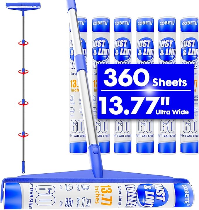 COBETE 13.77" Large Extra Sticky Lint Roller, 69.88" Long Handle Lint Remover with 6 Rollers for Clothes, Cat Dog Pet Hair, Furniture, Couch, Carpet, Floor，Painted Wall Cleaner Mop Dust Cleaning