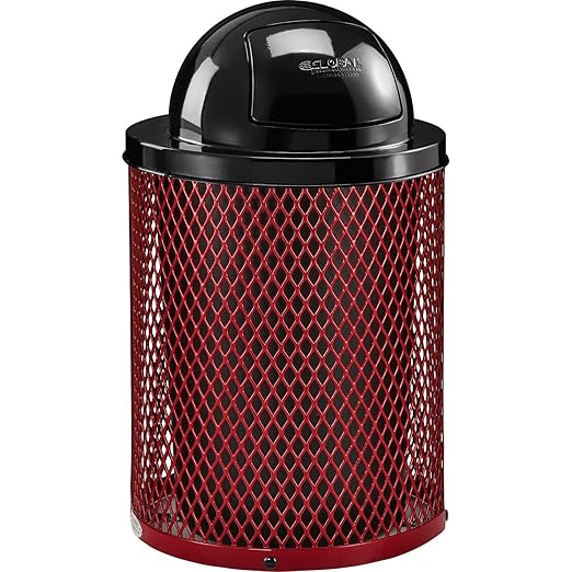 Global Industrial 36 Gallon Outdoor Steel Trash Can with Dome Lid and Raised Base, Plastic Liner and Anchor Kit Included, 23-1/2" Diameter x 43" H, Powder Coat Finish, Unassembled, Red