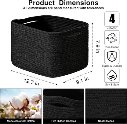 Small Storage Baskets for Organizing Shelves, Cotton Rope Basket for Storage, Cute Rectangular Book Toy Bins, 12.7"×9.1"×7.9", 4 Packs, Black