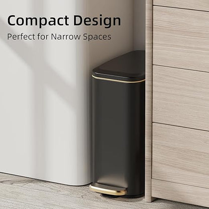 KUK Slim Bathroom Trash Can with Lid, 1.6 Gal / 6L Stainless Steel Small Garbage Bin with Detachable Inner Bucket, Step Pedal, Silent Close, Wastebasket for Toilet, Bedroom, Home, Office (Black)
