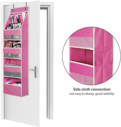 Univivi 5-Shelf Fabric Door Storage Over Door Hanging Organizer with 4 Large Pockets and 3 Small PVC Pockets Nursery Closet Cabinet Wall Mount Hanging Storage Organizers for Baby Nursery (Pink)