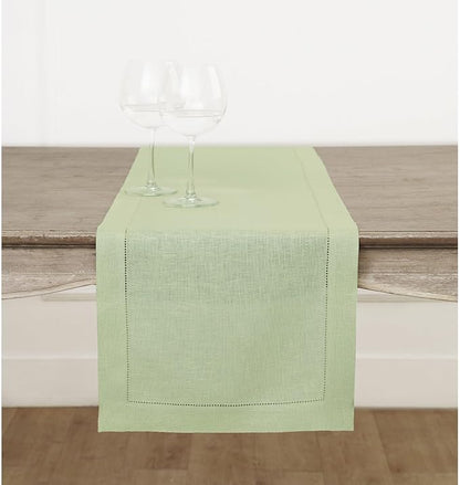 Solino Home Linen Sage Green Table Runner 72 Inches Long - 100% Pure Linen Hemstitch Table Runner 14 x 72 Inch for Dresser, Dining, Christmas, New Year - Classic Hemstitch