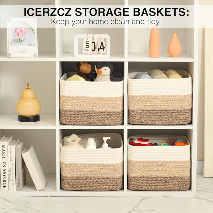 Storage Baskets for Organizing & Shelves, Woven Cotton Rope Organization Bins for Dog Toys, Clothes, Books, Nursery Organizer, 15"Lx11"Wx9.5"H, (4 Packs) Gradient Brown