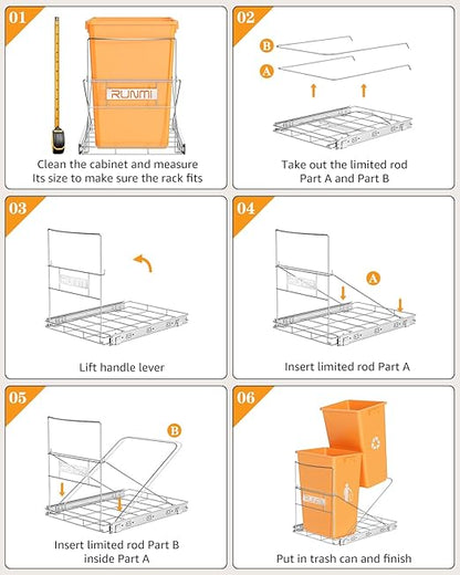 Double 37 Quart Pull Out Trash Can Under Cabinet, Under Sink Trash Rack, 70 Liter Total Capacity, Cabinet Trash Pull Out Kit, Trash Bin Not Included