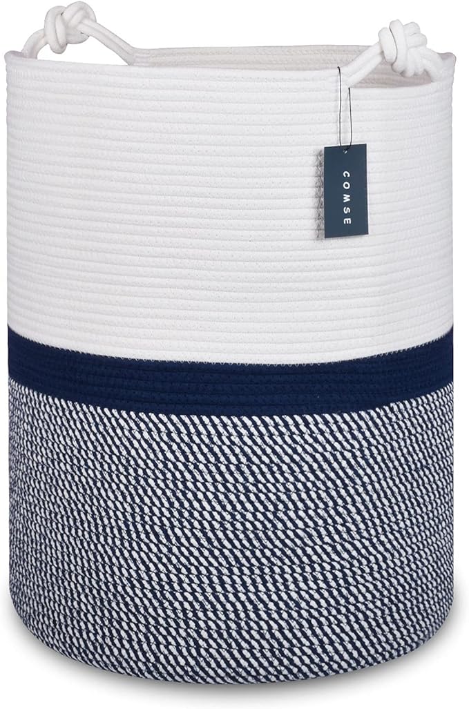 COMSE Extra Large Blanket Basket, Tall Woven Storage Basket, Nursery Hamper, 15.7”x 21.7”, Cotton Rope Laundry Hamper for Toys Clothes Towels, Blend White/Navy Blue