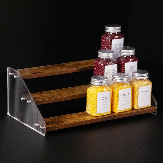 nianfeng Tiered Spice Rack, 3-Tier Spice Pantry Kitchen Cabinet Organizer, 12-Inch, Natural Wood Acrylic Stair Riser Stand, Countertop Seasoning Shelf (Rustic Brown)