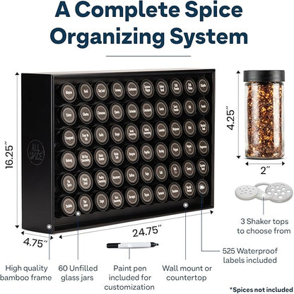 AllSpice Spice Rack Organizer, Wood, 525 Unique Labels, Countertop or Wall Mount, Includes 60 4oz Jars- Matte Black