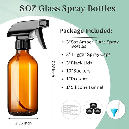 8oz Amber Glass Spray Bottles,3 Pack Glass Spray Bottles Refillable Empty Bottle with Adjustable Nozzle,Spray Bottle for Essential Oils,Cleaning Solutions,Pets,Hair Mister,Gardening