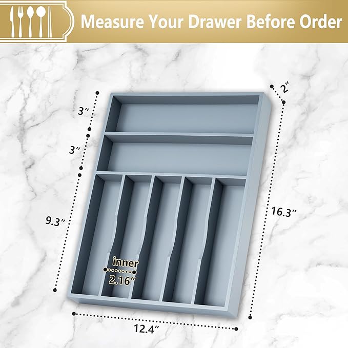 Silverware Organizer, 12.5 Inch Utensil Organizer Kitchen Drawer Organizer Bamboo Silverware Holder Cutlery Tray Organizer in Drawer Flatware Organizer Tray(7 slots, Gray）