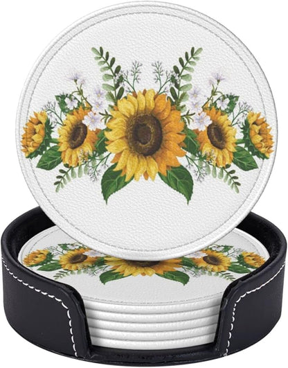 6 Pcs Sunflower Floral Leather Coasters