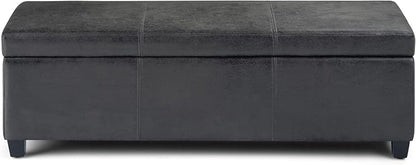 SIMPLIHOME Avalon 48 inch Wide Contemporary Rectangle Storage Ottoman Bench in Distressed Black Distressed Vegan Faux Leather, Assembled, For the Living Room, Entryway and Family Room