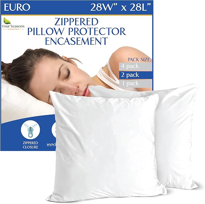 Euro Size Pillow Protectors (Set of 2) - European Square 28x28 Pillow Covers Waterproof Hypoallergenic Dust Proof Zippered Encasement