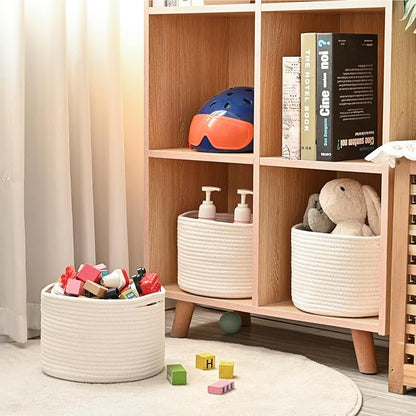 Small Storage Baskets for Organizing, Organizer Baskets for Shelves, Woven Basket for Storage, Cute Basket for Gifts Empty, Cotton Rope Baskets, 9.7"×9.7"×7" (3 Packs) Off White