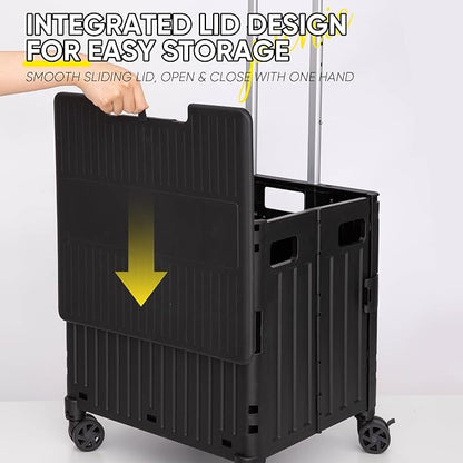 VUSIGN Folding Utility Cart, Foldable Rolling Crate Handcart with Lid, Portable Collapsible Shopping Trolley Tool Box, 4 Rotate Wheels for Grocery, Office, Travel, Teacher, Luggage, Black