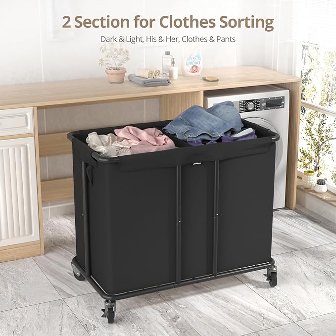 Laundry Hamper with Wheels, 2-Section 230L (61Gal) Large Capacity, Heavy-Duty Rolling Clothes Basket with Silent Rubber Casters & Detachable Oxford Bags for Home, Black, 31.5"Lx15.75W"x30.7"H