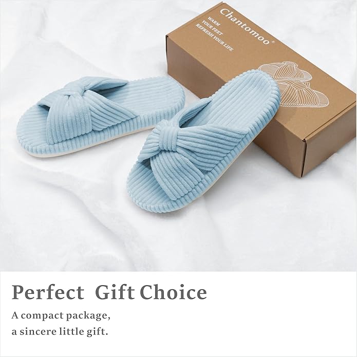 Chantomoo Slippers for Women Memory Foam House Bedroom Corduroy Bow Crossbands Slide Slipper Shoes Comfy Trendy Gift Slippers