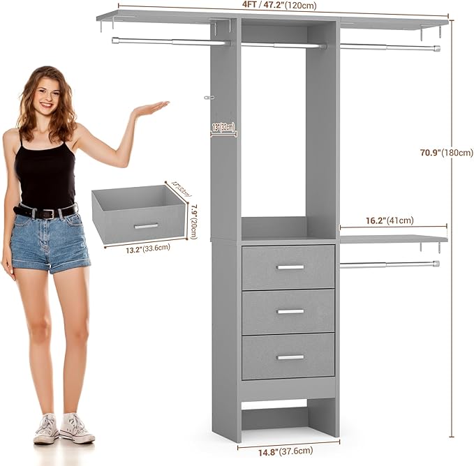 4FT Small Closet System with 3 Fabric Drawers, 48'' Closet Organizer System With 3 Adjustable Shelves, Flexible Built-In Clothes Garment Rack for Small Space, 48" L x 13" W x 71" H, Grey