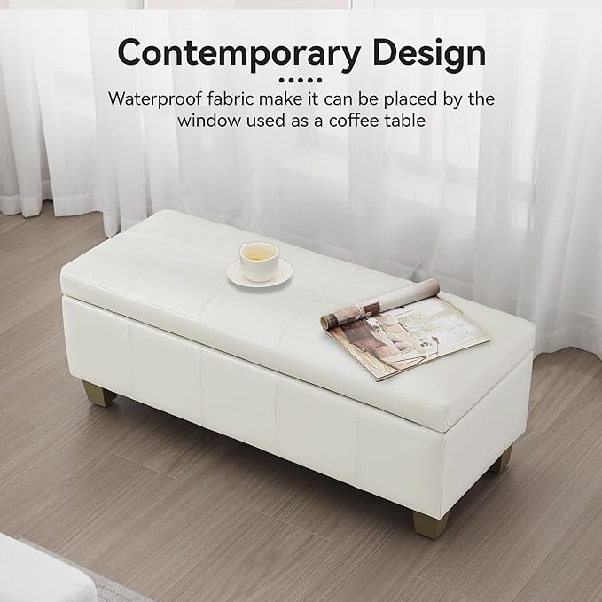 41" Faux Leather Storage Ottoman, Stitch Tufted Rectangle Upholstered End of Bed Storage Bench, Entryway Large Couch Ottoman with Wooden Legs,White