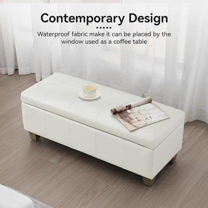 41" Faux Leather Storage Ottoman, Stitch Tufted Rectangle Upholstered End of Bed Storage Bench, Entryway Large Couch Ottoman with Wooden Legs,White