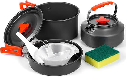 8pcs Camping Cookware Camping Pots and Pans Set with Kettle Plastic Bowls and Soup Spoon for Camping, Backpacking, Outdoor Cooking and Picnic