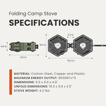 Propane 2-Burner Camping Stove with Carrying Bag and Gas Stove Pressure Regulator, Camping Essentials Folding Camp Stove with Flick-Style Ignition for Backpacking, Outdoor Cooking, Tailgating