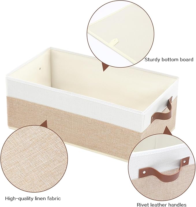 6 Pack Fabric Storage Bins, Large Storage Baskets for Shelves, Foldable Closet Organizer Storage Boxes with Leather Handles for Clothes, Sheets, Jeans, Toys, Books (Beige and White)