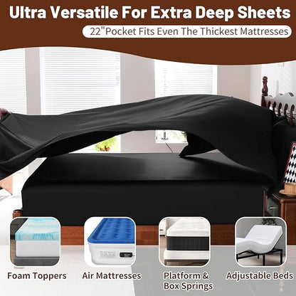Extra Deep Pocket King Sheets 18-24 Inch 100% Egyptian Cotton 1000 Thread Count Sateen Weave Soft Breathable 4 Pieces（King，Black）