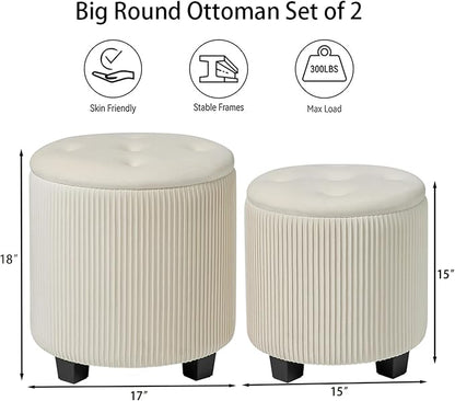 Big Round Ottoman with Storage Set of 2,Upholstered Velvet Vanity Stool for Makeup Multifunctional Foot Rest Coffee Table Padded Seat Tufted Ottomans for Living Room&Bedroom（White）