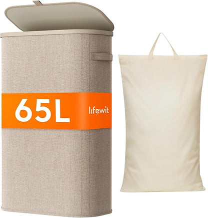 Lifewit 65L Slim Laundry Basket with Lid, Narrow Large Laundry Hamper with Plastic Handles and Removable Bag, Tall Foldable Dirty Clothes Hampers for Laundry Room, Bedroom, Bathroom, Dorm, Beige