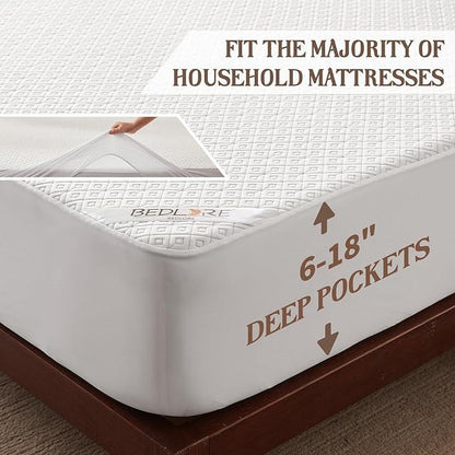 BEDLORE Queen Mattress Protector, Waterproof Noiseless Mattress Cover with Deep Pocket for 6-18 inches Mattress, Soft Breathable Mattress Pad Machine Washable (White)