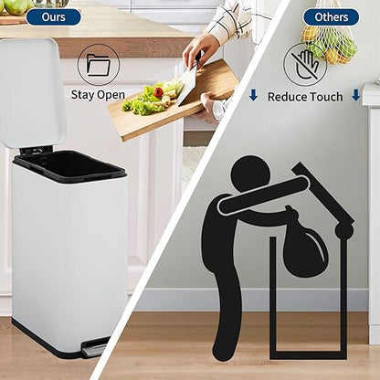 Garvee 13 Gallon Kitchen Trash Can, Stainless Steel Step Garbage Bin with Soft-Close Lid & Removable Bucket, Fingerprint Proof, Slim for Narrow Spaces, Bathroom or Office (White+Silver, 13 Gallon)