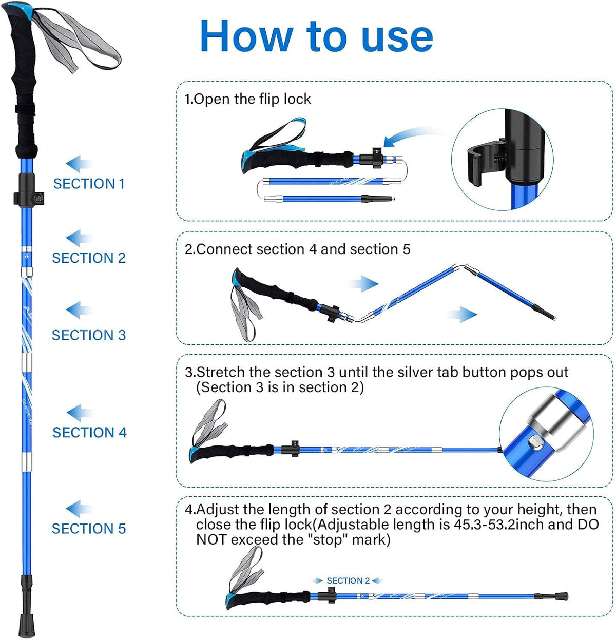 BISINNA Collapsible Trekking Hiking Poles- 2 Pack Folding Aluminum Walking Sticks with Quick Lock System 4 Season Accessories,Telescopic, Adjustable, Lightweight for Men Women