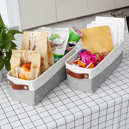 Univivi 4PC Small Fabric Storage Bins,15x6x5 inch Long Narrow Storage Baskets with PU Handles for Closet,Cabinet,Countertop Organizing Small Items (Gray,15x6x5 inch)