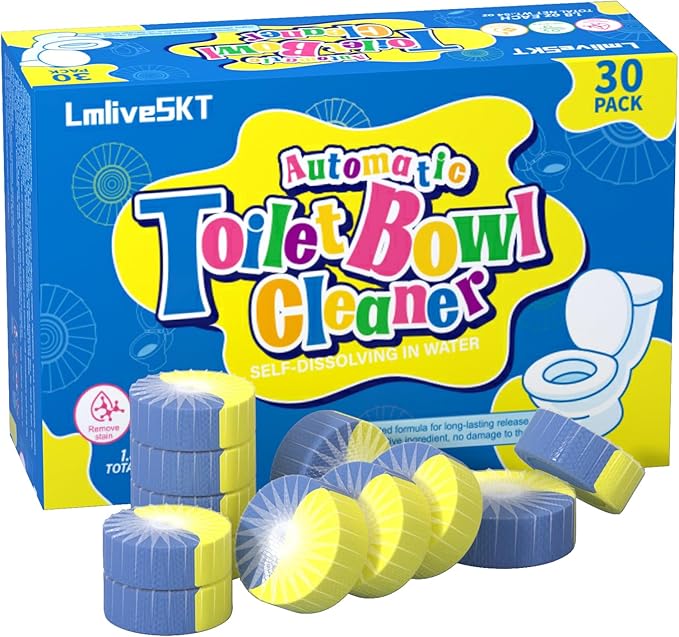Automatic Toilet Bowl Cleaner Tablets, 30-Pack Long-Lasting Toilet Tank Cleaner for Bathroom, Blue Water Freshener, Prevents Stains & Odor, Safe for All Toilets (30, Blue and yellow)