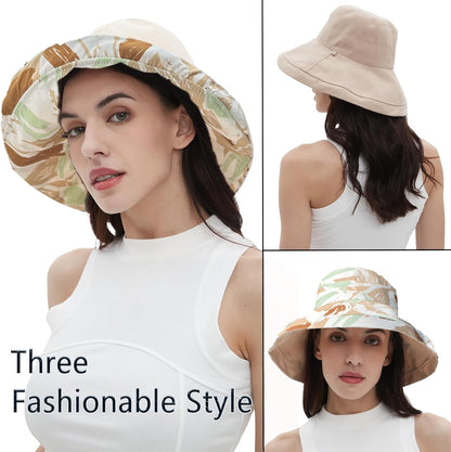 vidsel Womens Sun Hats Wide Brim Reversible Bucket Cotton Hat Packable Summer Travel Cap with Hat Clip,UV Protection