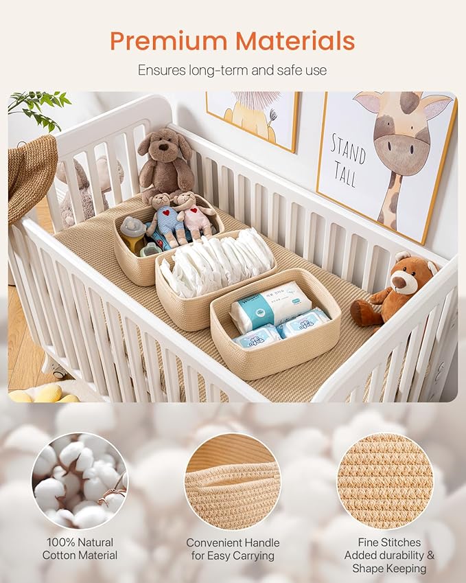 Small Woven Basket, 13.5 x 9.5 x 5 Inches, Storage Basket for Organizing, Cute Small Rope Shelf Closet Cube Storage Bins Baskets for Shelves, Dog Toy Gift Baskets Empty, 3 Packs, Beige