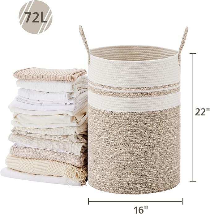 VIPOSCO Large Laundry Hamper, Tall Woven Rope Storage Basket for Blanket, Toys, Dirty Clothes in Living Room, Bathroom, Bedroom - 72L Brown & White