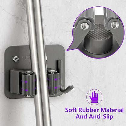 Broom Holder Wall Mount Screw Drilling, Sturdy Heavy Duty Stainless Steel Mop Gripper Rack Perforated, Perfect for Laundry Room Organizer, Fit with Laundry Kitchen Garage Garden Storage System