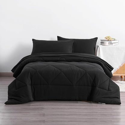 NTBAY Twin Comforter Set with Sheets, 5 Pieces Soft and Breathable Twin Bedding Set, Twin Bed in a Bag, Down Alternative Comforter Set Solid Color All Season, Kids Bedding Set, Black