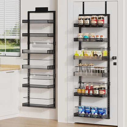 6-Tier Over the Door Pantry Organizer, 2 in 1 Large Door Spice Rack with Adjustable Metal Baskets, Heavy Duty Hanging or Wall Mounted Storage Organizer for Kitchen Pantry and Room Wall