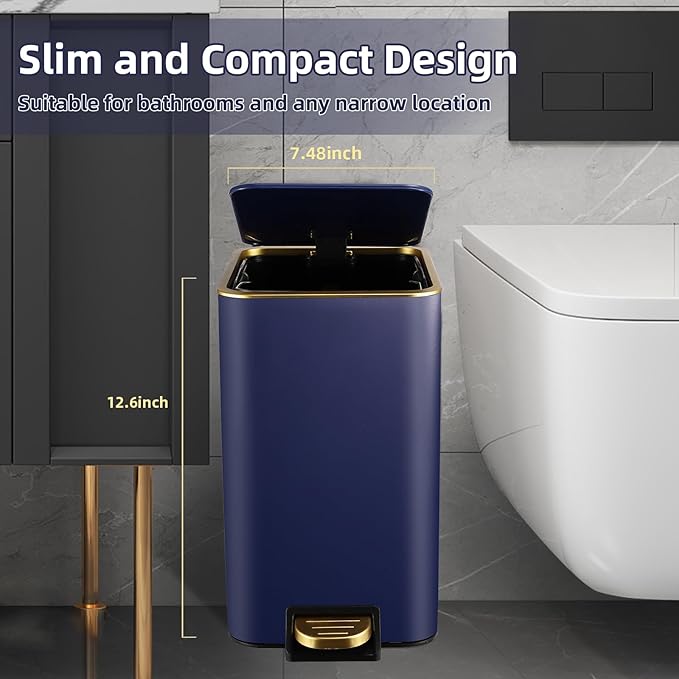 Small Bathroom Trash Can with Lid Soft Close, 1.8 Gallon Stainless Steel Garbage Can with Removable Inner Bucket,3PCS Soap Dispenser,75Count Trash Bag, Slim Step Pedal Trash Bins