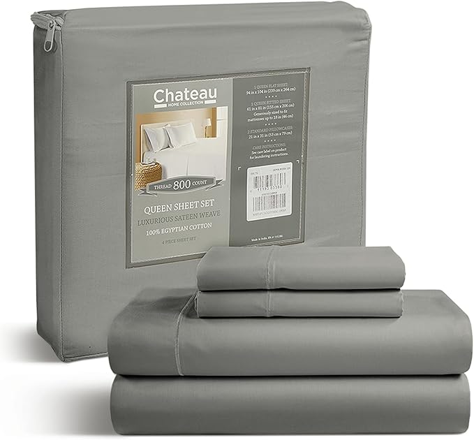 100% Egyptian Cotton XLTwin Sheets Set, 800TC Sateen Weave 3 PC Twin XL Bed Sheets, Fully Elasticated Sheet & Pillowcase Sets, Soft & Comfy No lint Machine Washable Fade Resistant- Silver