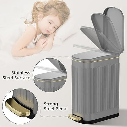 KUK Slim Bathroom Trash Can with Lid, 2.6 Gallon (10 L) Stainless Steel Step Small Garbage Can with Removable Inner Bucket, Soft Close, Anti-Fingerprint Finish (Gray)