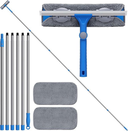 20 Feet+ High Reach Window Squeegee, 2-in-1 Window Cleaner Tool with 15.5Ft Extension Poles, Professional Window Washing Kit, Long Window Cleaning Equipment for High Outdoor Windows Glass