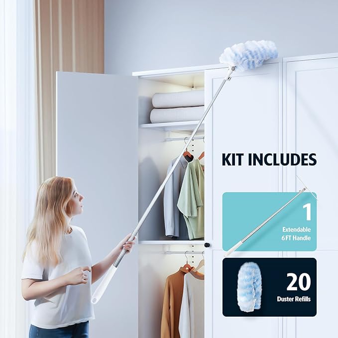 6 ft Extendable Duster Handle with 20 Pcs, Compatible with Swiffer, Disposable Microfiber Dusting Pads for Home Cleaning, Ceiling, Fan, Window, Hard-to-Reach Areas